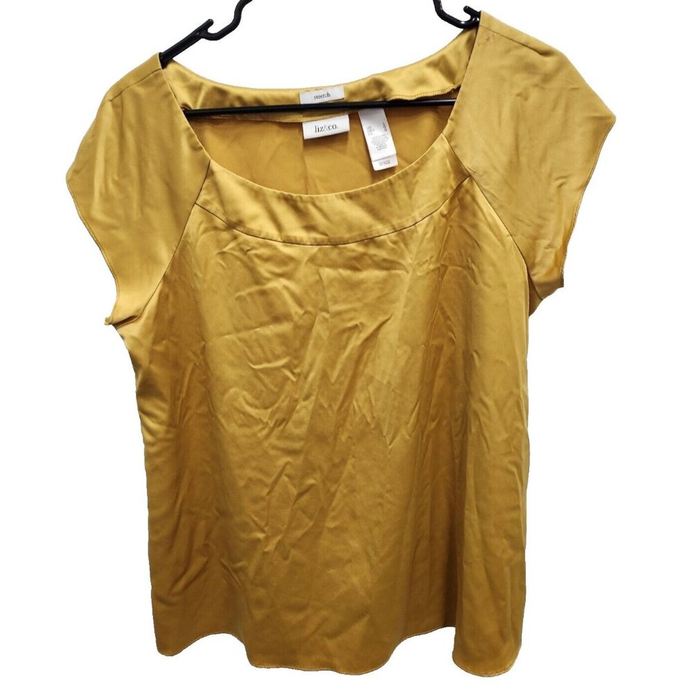 Liz & Co Stretch Womens Satin Blouse Top Large Honey Yellow Short Sleeve Carrier